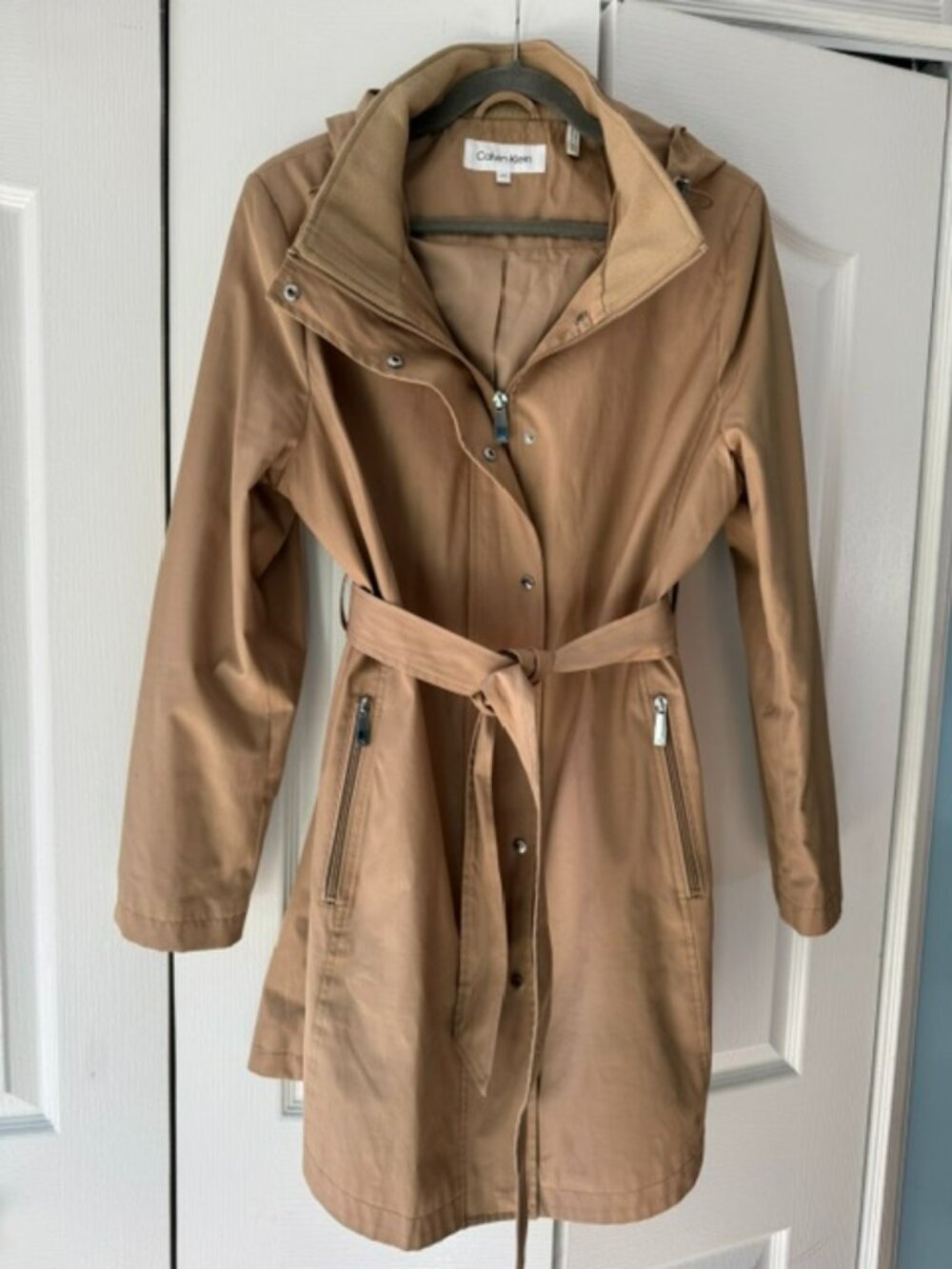 Calvin Klein Large Tan Mid Length Belted Trench Coat